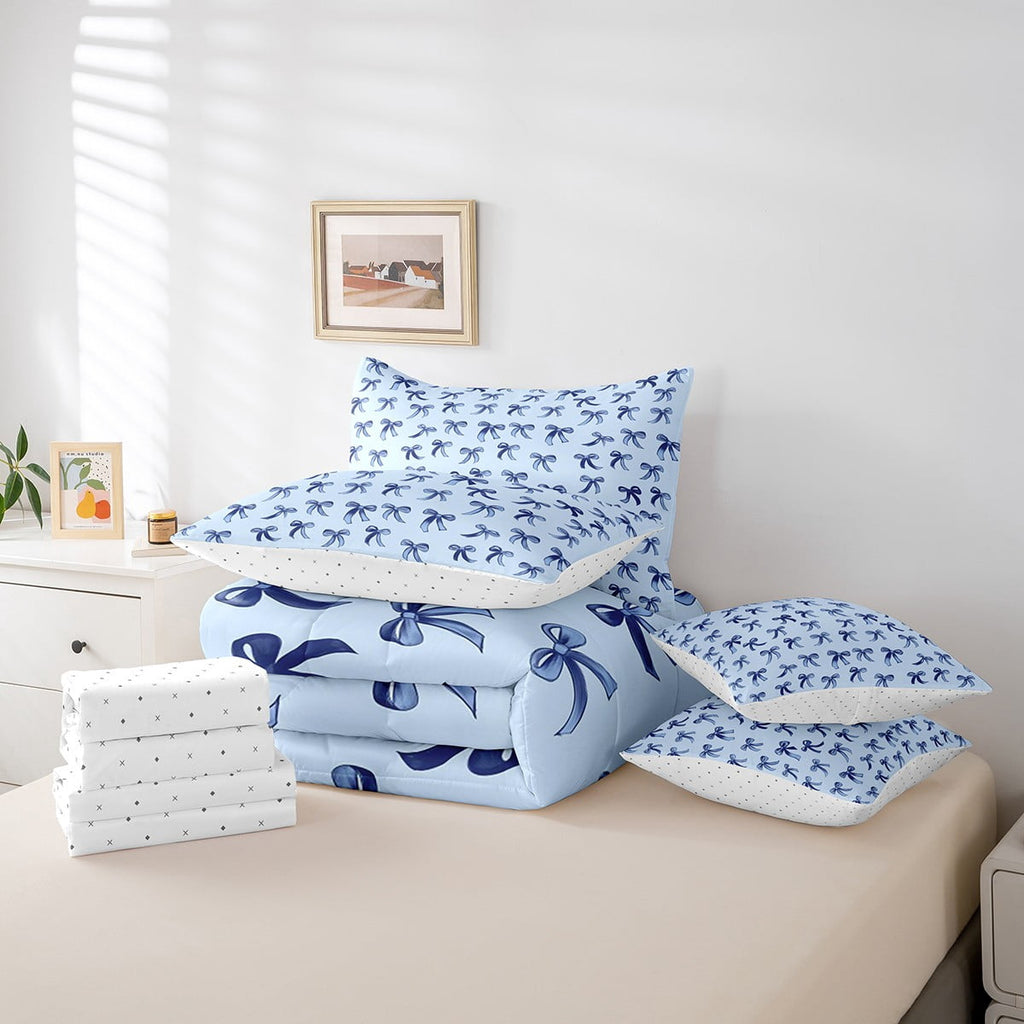 Luxurious Quilted Cute Bowknot Twin Bedding Sets 7-Piece,Girls Ribbon Bow Bedding Comforter Set,Dreamy Blue Sheet Sets For Girls,Super ... - Hypoallergenic Ultra-Fluffy Quilt for Winter Detail