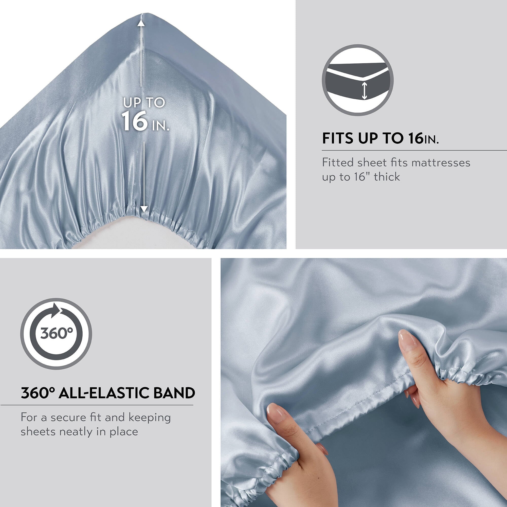 Cooling Sateen Satin Sheet Set, Twin Bed Sheets with Pillowcases, 4-Piece Luxury Silky Sheet Set, Blue, Gifts for Women - Luxury Bed Sheet Set with Deep Pockets Detail