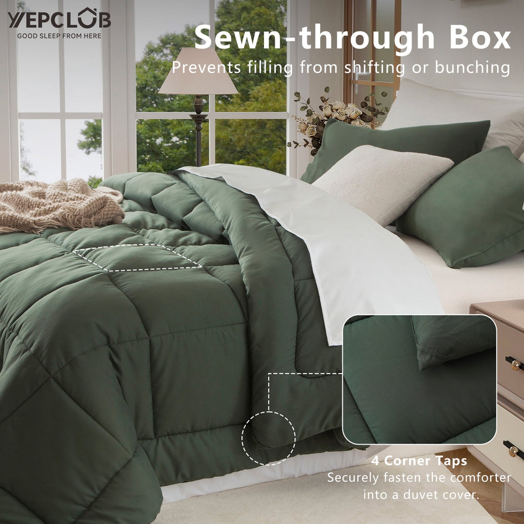Fluffy Down Alternative 3-Piece Twin Size Comforter Set, Green Down Alternative Reversible Bedding Set, All-Season Quilted Soft Comforter wit... - Cloud-Like Soft Lightweight Bed Comforter Detail