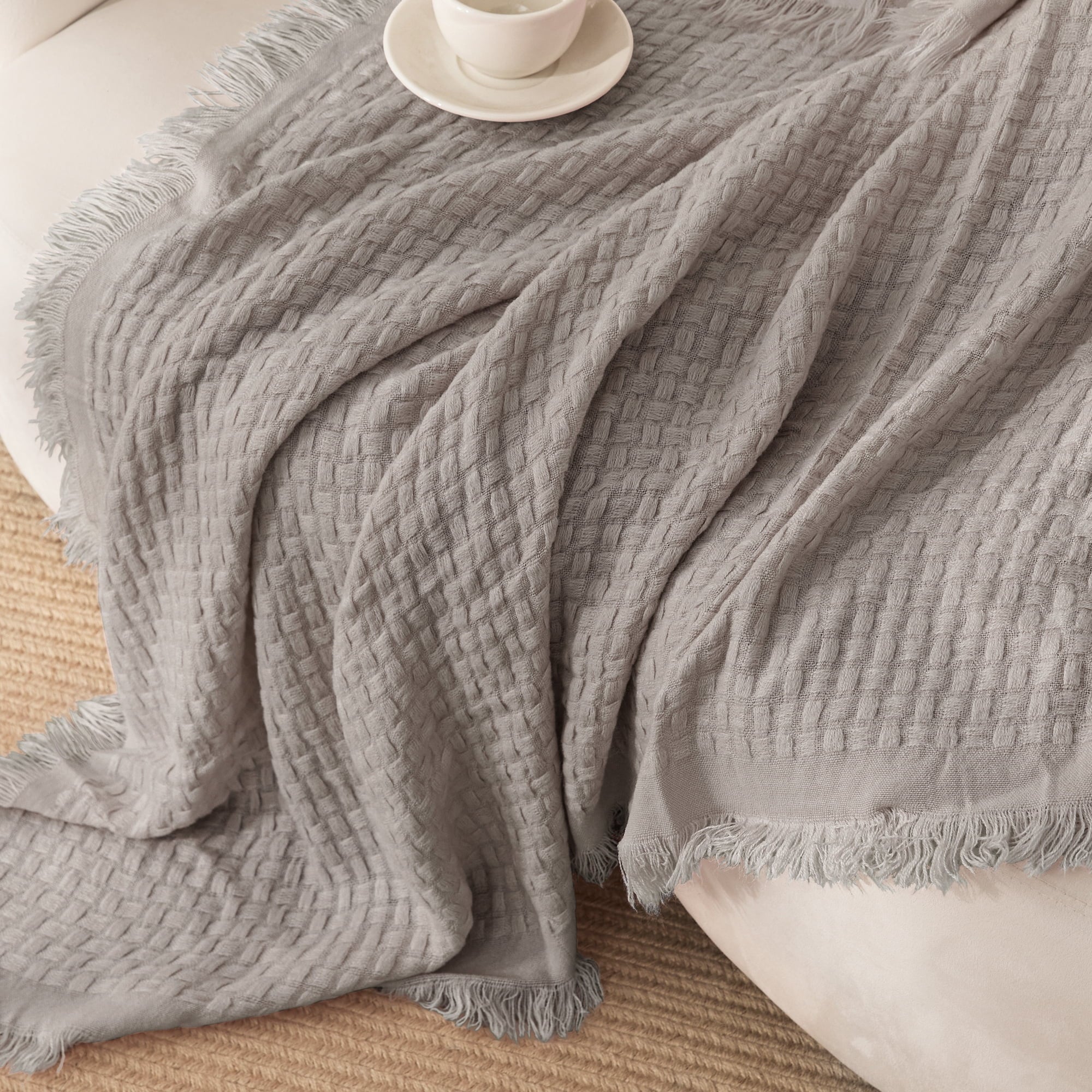 Reversible Sherpa Knitted Throw Blanket with Fringes for Couch, Soft and Warm Textured Throw for All Season, Lightweight Breathable Roo... - Luxury Knitted Decorative Throw Blanket with Fringes Detail