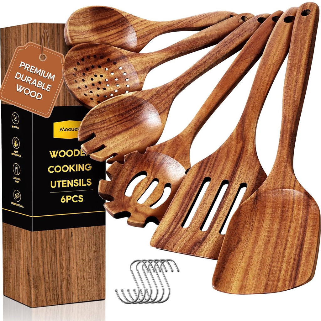 Seamless One-Piece 6-Piece Natural Teak Wooden Spoons for Cooking With 10 Hooks，Handcrafted Kitchen Utensils Set ，Ideal Gift Set - Premium Stainless Steel Cooking Utensil for Non-Stick Pots - Default Title