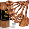 Seamless One-Piece 6-Piece Natural Teak Wooden Spoons for Cooking With 10 Hooks，Handcrafted Kitchen Utensils Set ，Ideal Gift Set - Premium Stainless Steel Cooking Utensil for Non-Stick Pots - Default Title