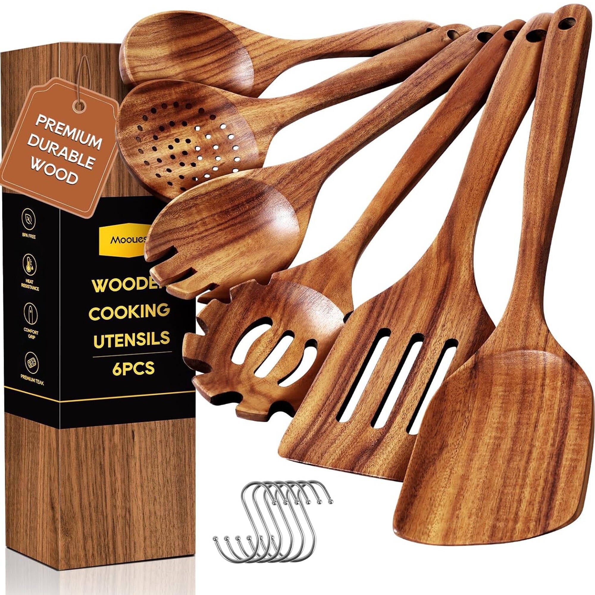 Seamless One-Piece 6-Piece Natural Teak Wooden Spoons for Cooking With 10 Hooks，Handcrafted Kitchen Utensils Set ，Ideal Gift Set - Premium Stainless Steel Cooking Utensil for Non-Stick Pots - Default Title