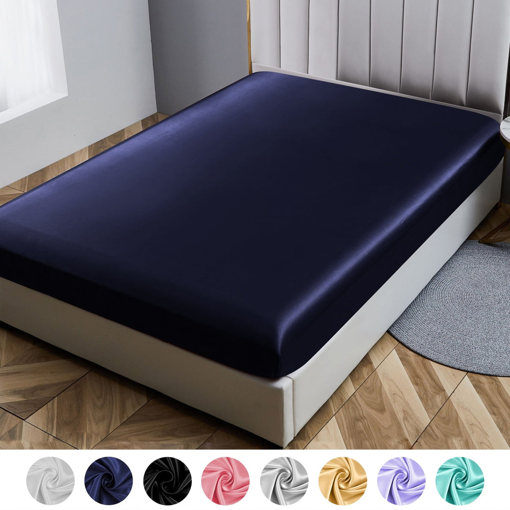Breathable Luxury Fitted Sheet Deep Pocket Bed Sheet Satin Silk Sheets Ultra Soft Machine Washable Twin, Navy Blue - Cooling Hotel Quality Bedding Sheets and Pillowcases - Default Title
