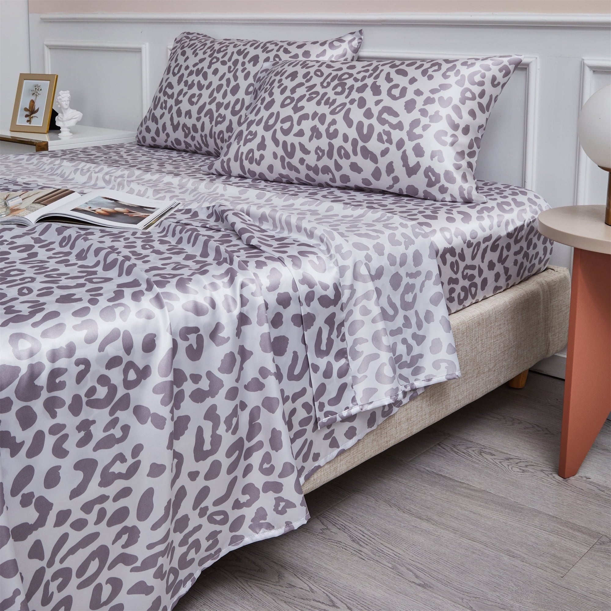 Wrinkle-Resistant Satin Sheets Twin Silk Sheets Silver Leopard Bed Sheet Set Deep Pocket Bed Flat Fitted Sheet, 3-Pieces - Luxury Bed Sheet Set with Deep Pockets - Default Title