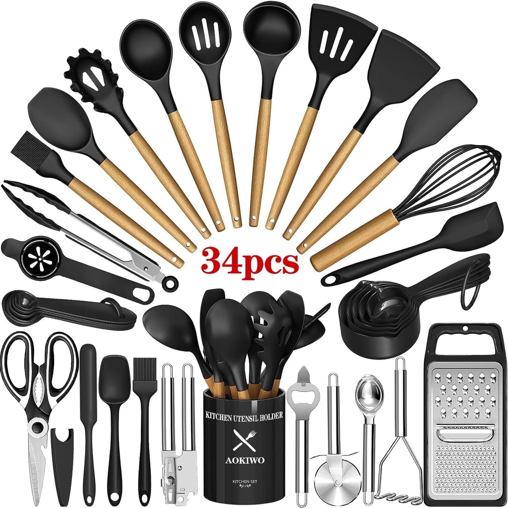 Chef-Quality Kitchen Utensil Set, 34Pieces Silicone Cooking Utensil Set with Wooden Handle, Heat Resistant Spatula Set Gadg... - Professional Kitchen Tool for Culinary Enthusiasts - Default Title
