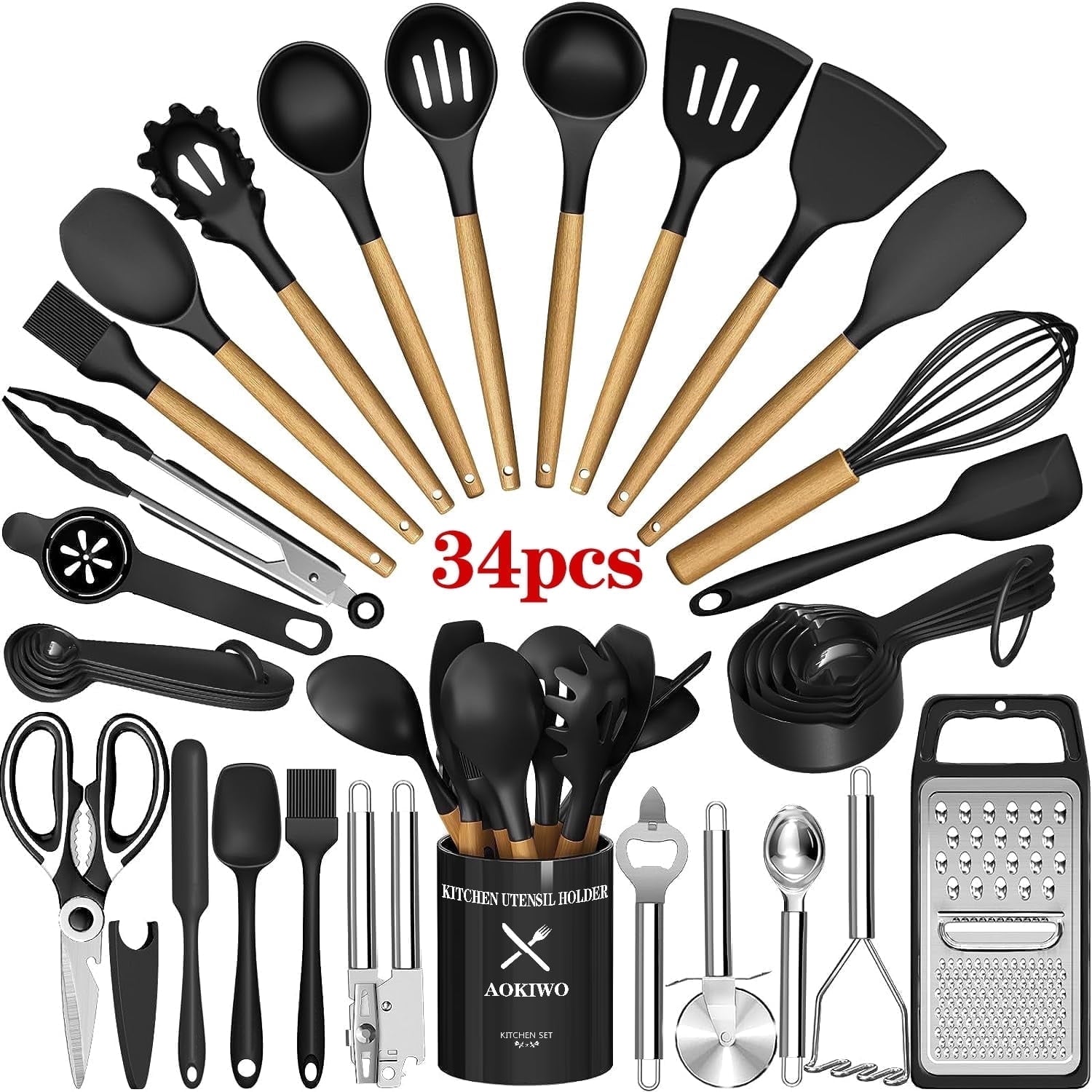 Chef-Quality Kitchen Utensil Set, 34Pieces Silicone Cooking Utensil Set with Wooden Handle, Heat Resistant Spatula Set Gadg... - Professional Kitchen Tool for Culinary Enthusiasts - Default Title