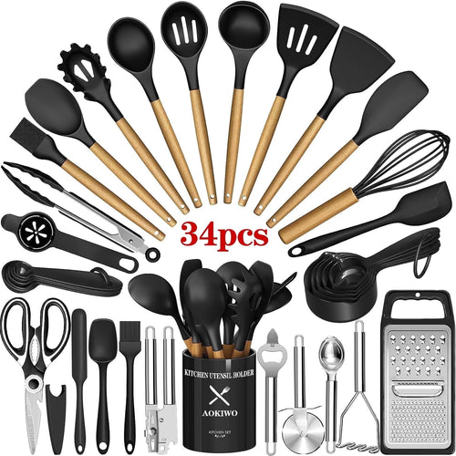 Chef-Quality Kitchen Utensil Set, 34Pieces Silicone Cooking Utensil Set with Wooden Handle, Heat Resistant Spatula Set Gadg... - Professional Kitchen Tool for Culinary Enthusiasts - Default Title