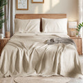 Wrinkle-Resistant Natural Linen Cotton Bed Sheets Set, Deep Pocket - Breathable - Durable - 4 Pieces (Linen, Queen) - Cooling Hotel Quality Bedding Sheets and Pillowcases - Default Title