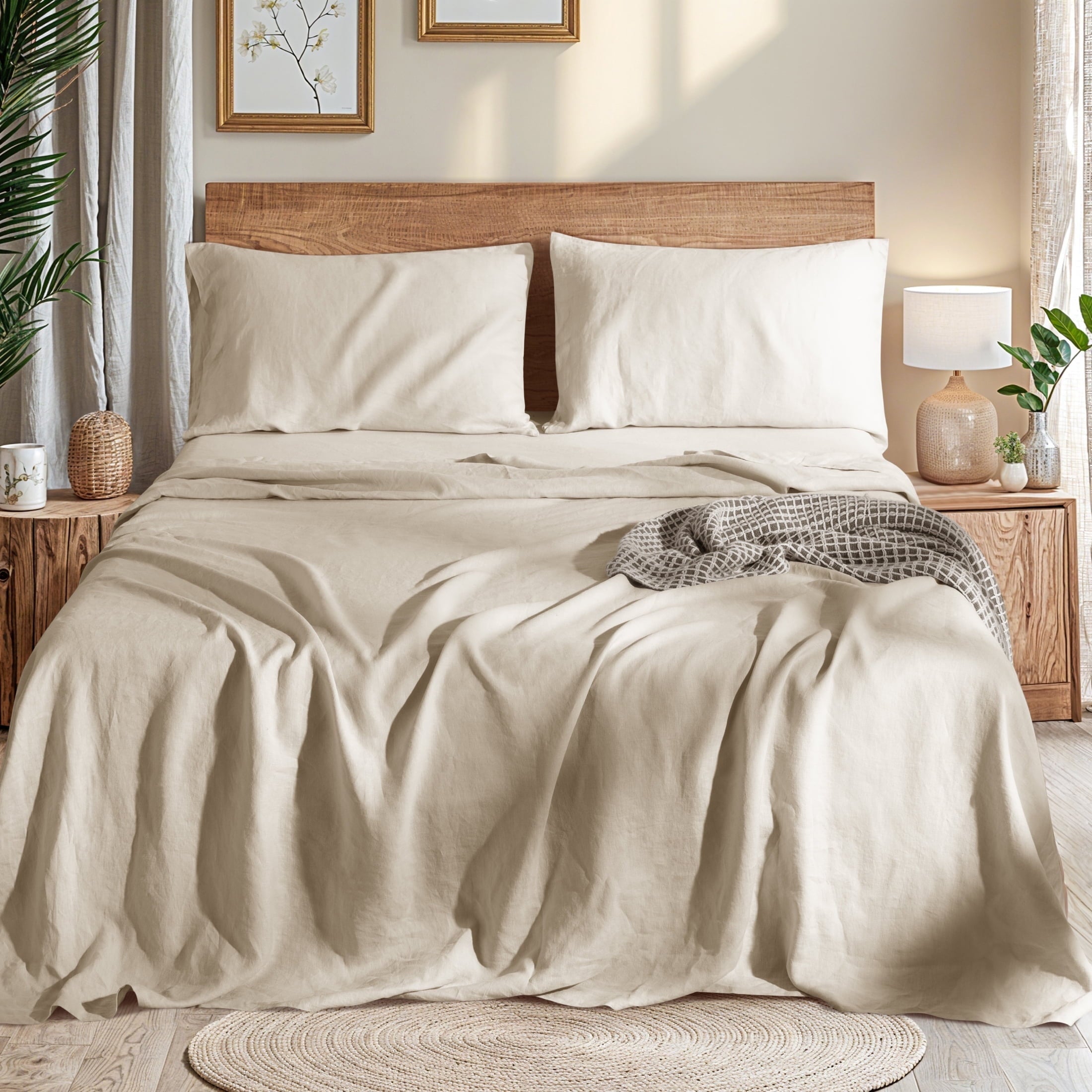 Wrinkle-Resistant Natural Linen Cotton Bed Sheets Set, Deep Pocket - Breathable - Durable - 4 Pieces (Linen, Queen) - Cooling Hotel Quality Bedding Sheets and Pillowcases - Default Title