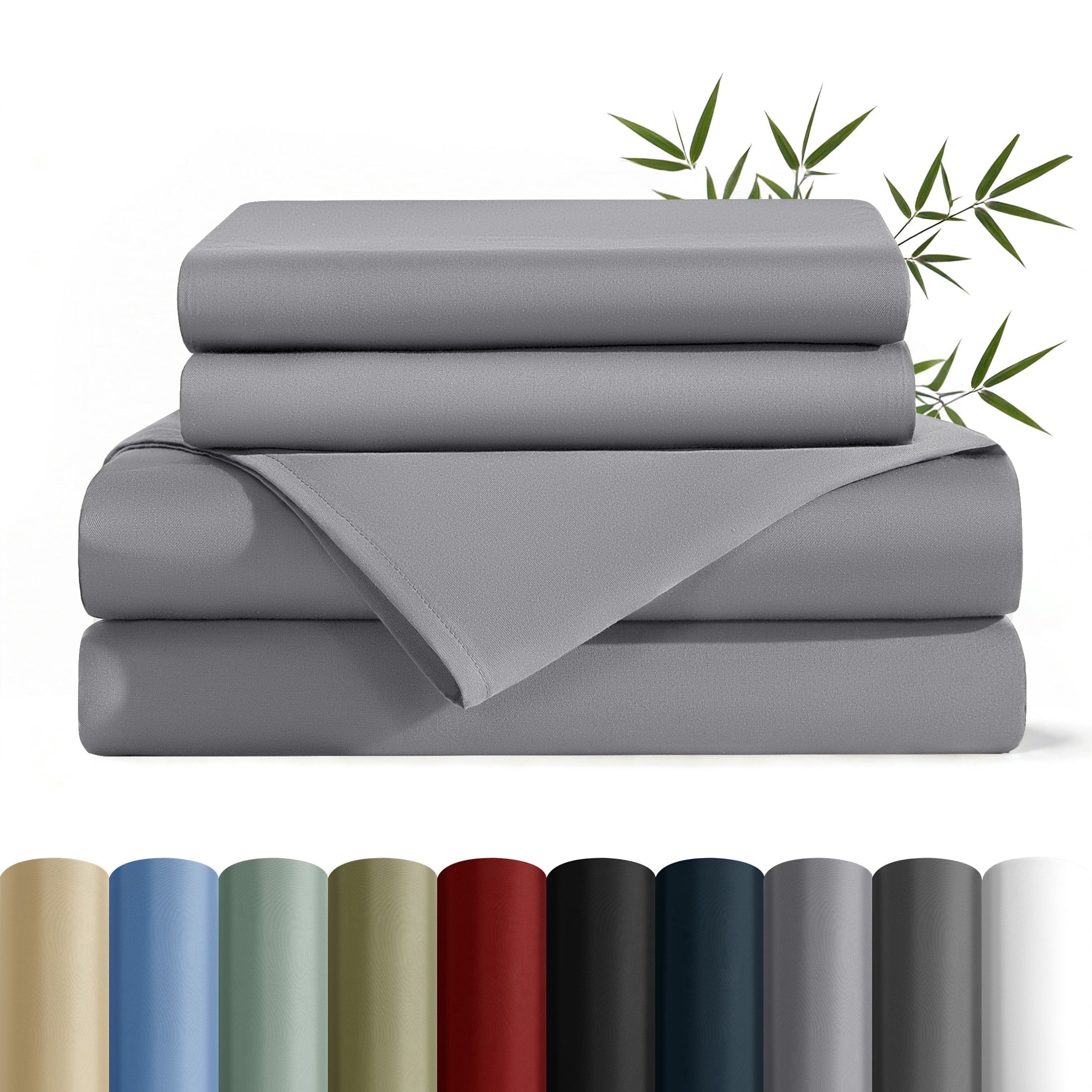 Wrinkle-Resistant Bamboo Queen Sheet Set, Luxury Soft 4 Pieces Bed Sheets with 18" Deep Pocket, Gray - Breathable Egyptian Cotton Flat & Fitted Sheets - Default Title