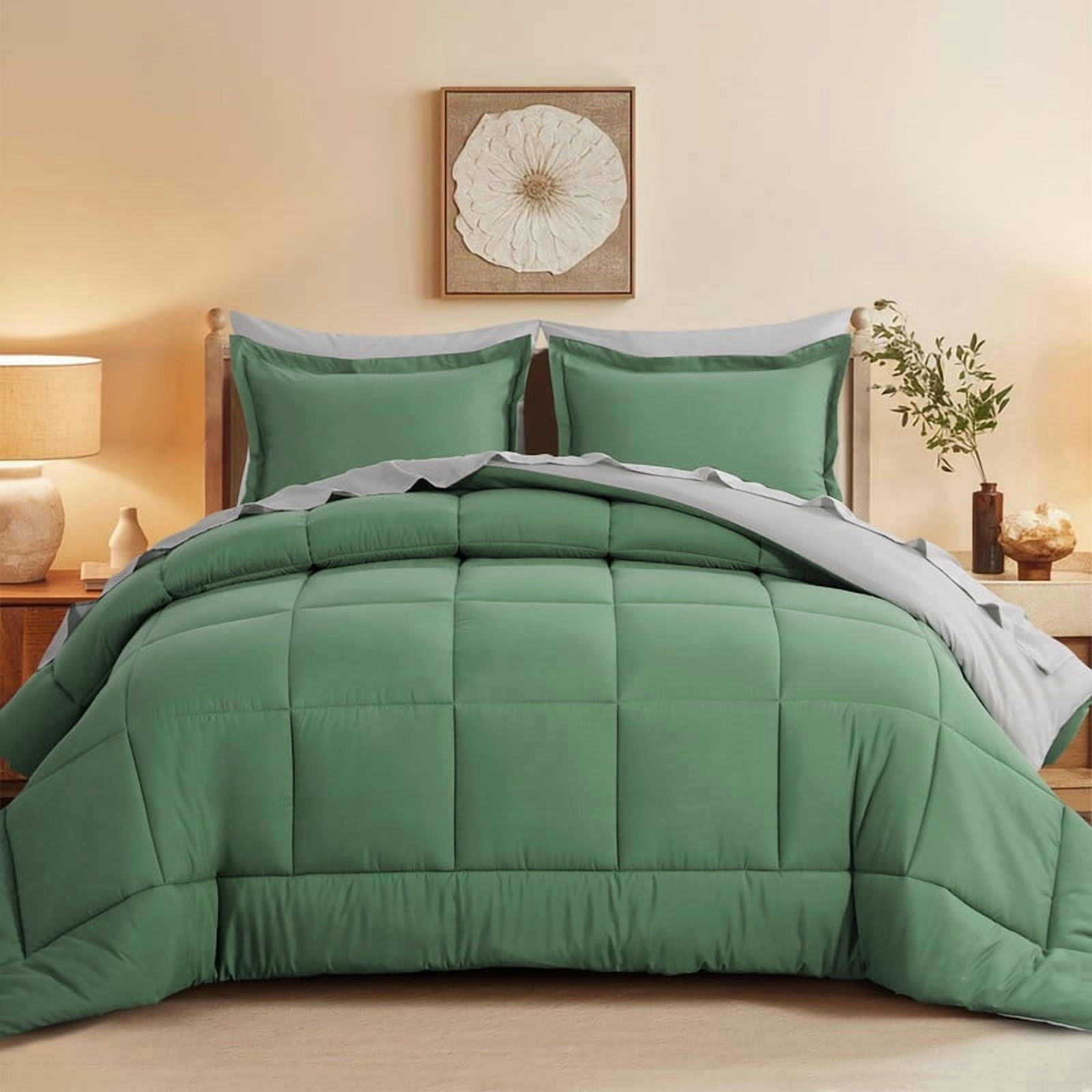 All-Season Grass Green/Grey Queen Size Comforter Set,3-Pieces Reversible Comforter Set Soft and Lightweight,All Season Down Alte... - All-Season Down Alternative Comforter Insert - Default Title