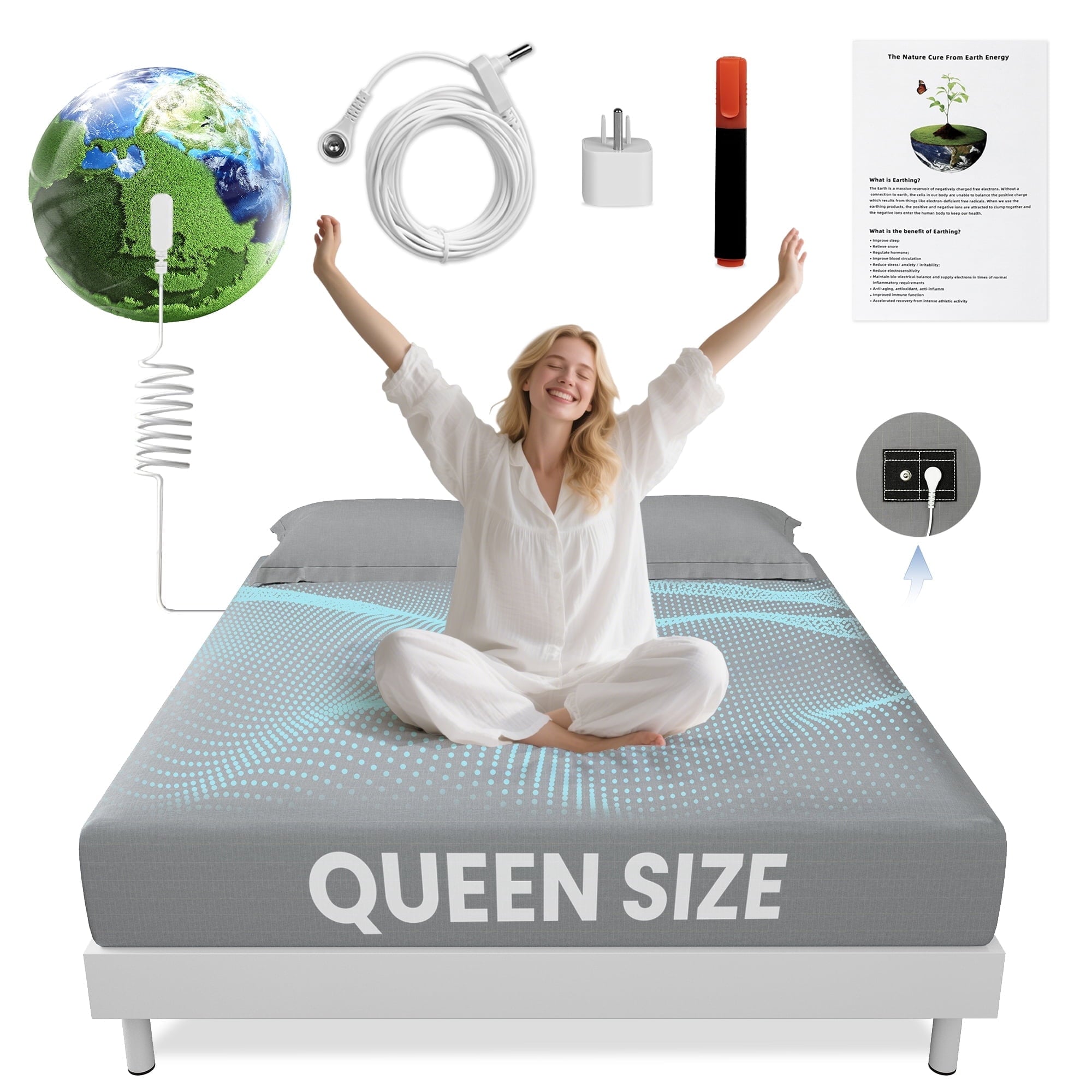 Premium Egyptian Cotton Grounding Sheets Queen Size 90% Organic Cotton + 10% Pure Silver Fitted Bed Sheet Gray Fiber Grounding Sheet Earth Ce... - Luxury Bed Sheet Set with Deep Pockets - Default Title