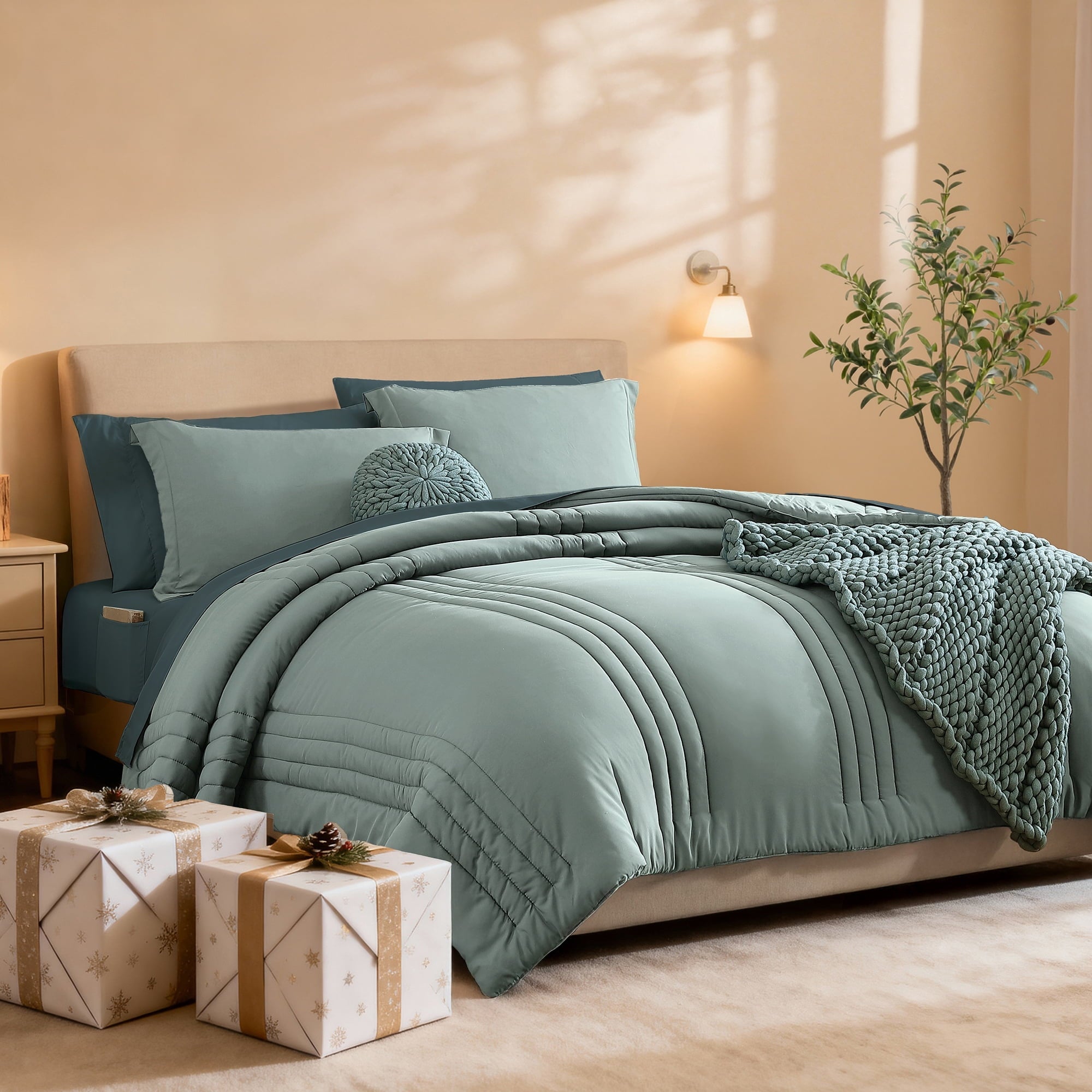 Fluffy Down Alternative 7-piece Bed in a Bag Comforter Set with Sheets,Sage Green,Full - Hypoallergenic Ultra-Fluffy Quilt for Winter - Default Title