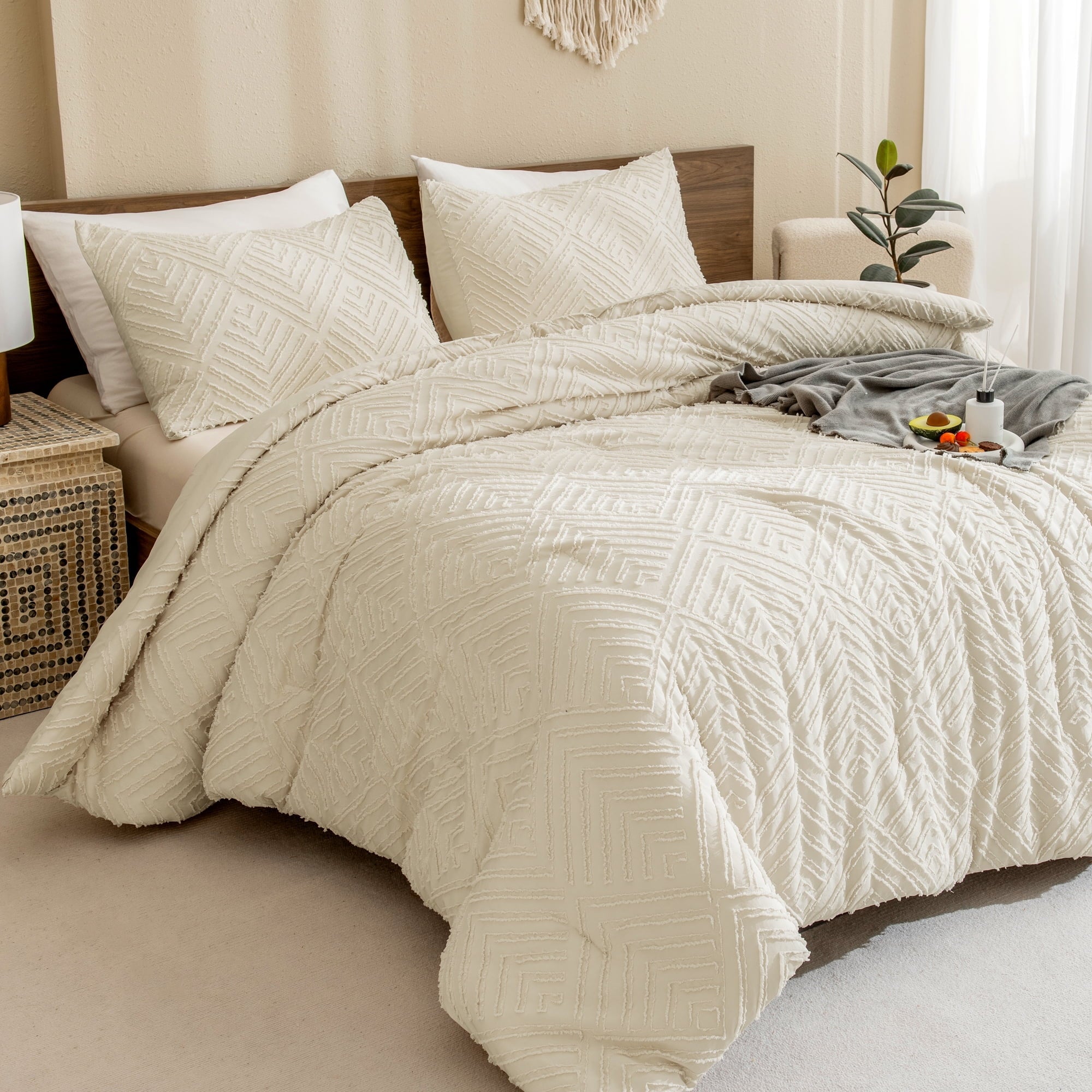 Luxurious Quilted King Size Comforter Sets Beige - 3 Pieces Cream Boho Bedding Comforter Set for King Bed - Soft Fluffy Tufted Textured... - Luxurious Quilted Duvet Cover Set - Default Title