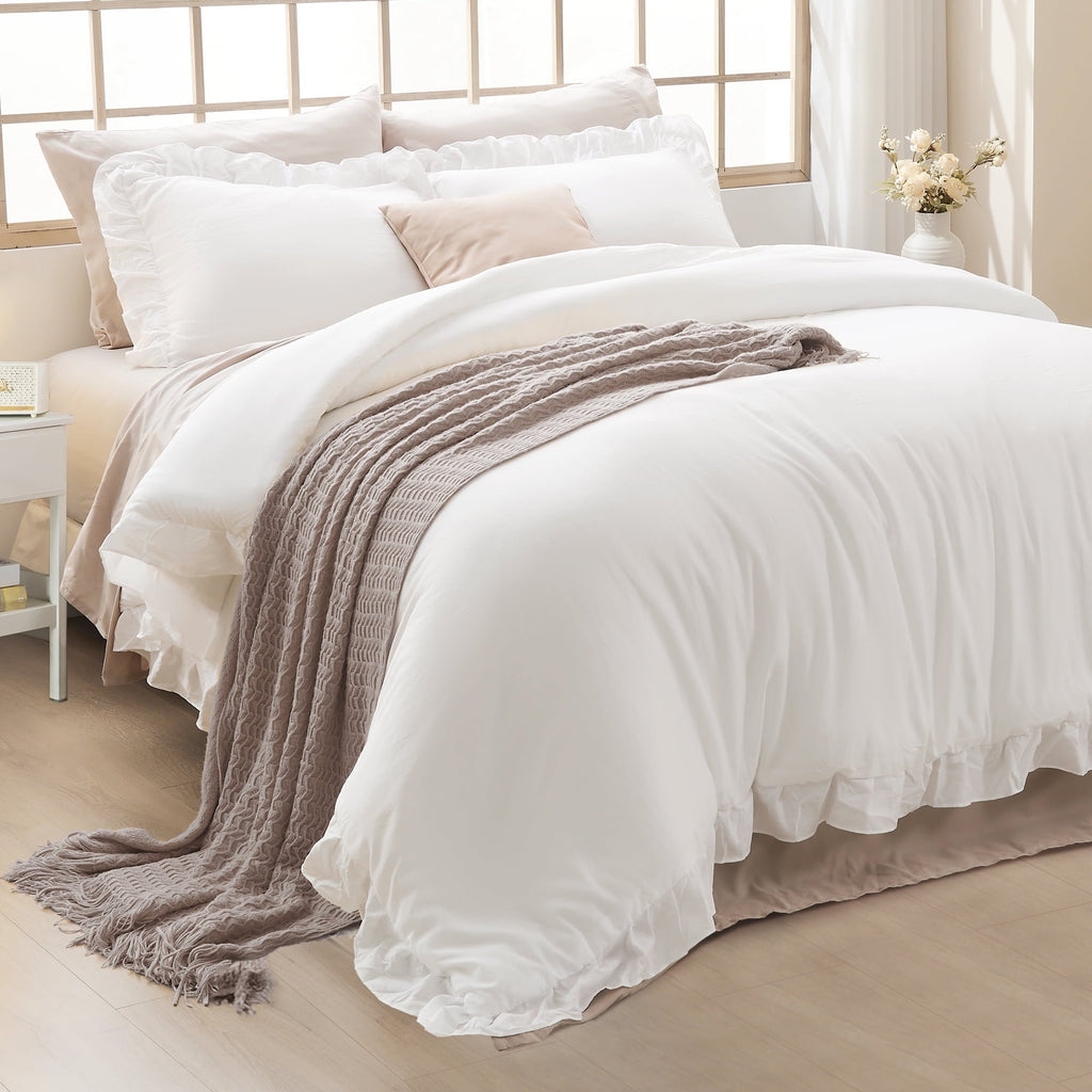 Luxurious Quilted Queen Comforter Set White, 3 Pieces Soft Fluffy Farmhouse Ruffle Bedding Comforter Sets for Queen Bed, All Season Lig... - Luxurious Quilted Duvet Cover Set - Default Title