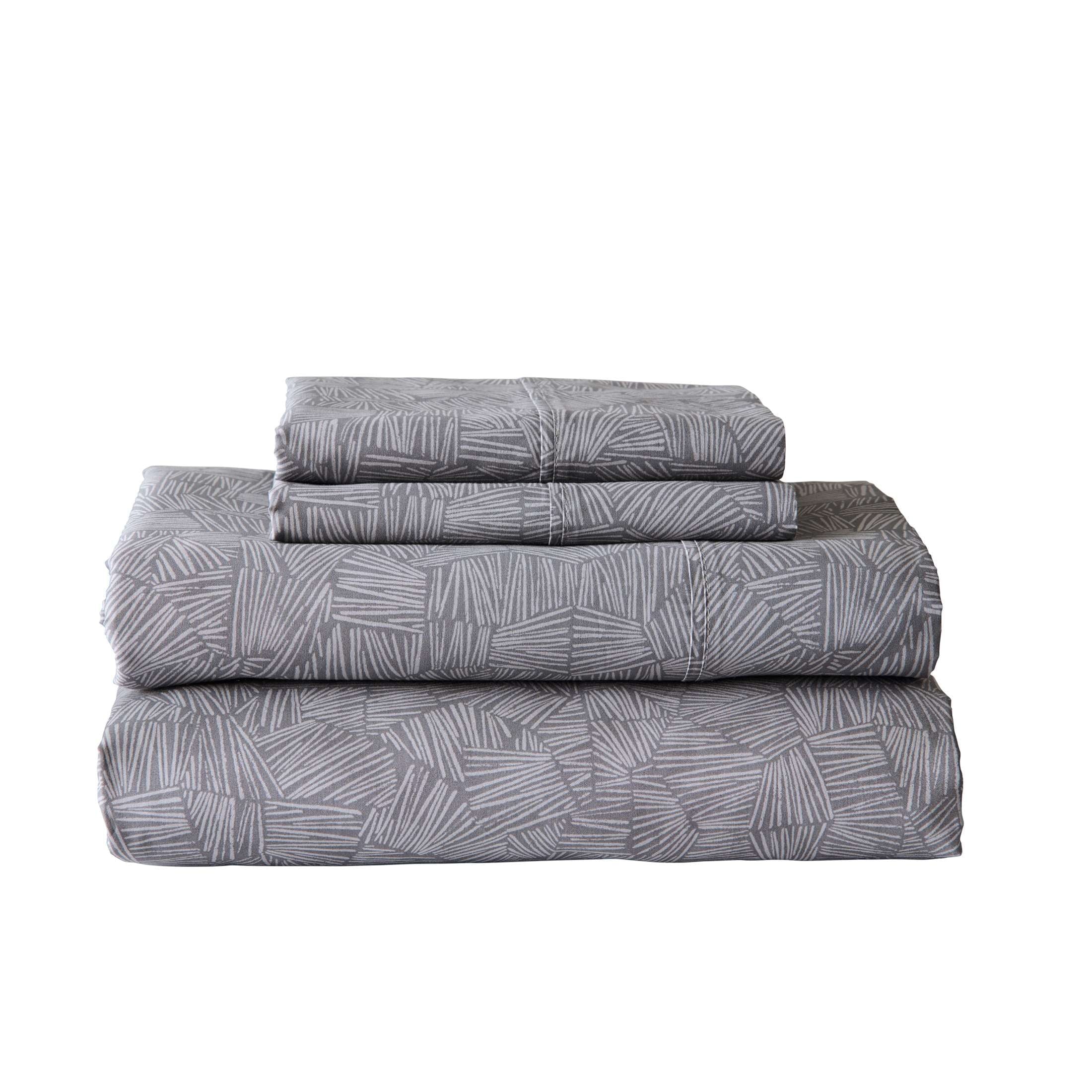 Cooling Sateen 300 Thread Count 4-Piece Cotton Percale Ziggy Geo Print Grey Bed Sheet Set, King - Cooling Hotel Quality Bedding Sheets and Pillowcases - Default Title
