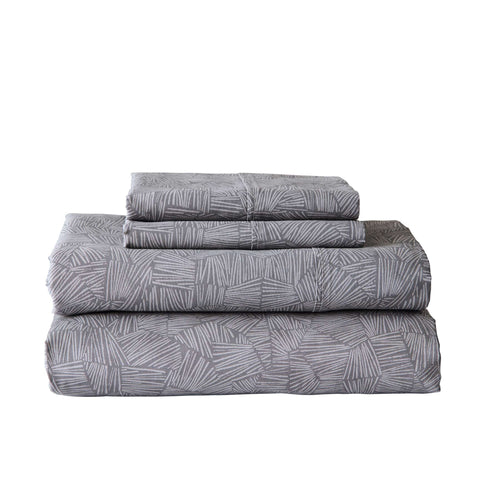 Cooling Sateen 300 Thread Count 4-Piece Cotton Percale Ziggy Geo Print Grey Flannel Bed Sheet Set, Queen - Breathable Egyptian Cotton Flat & Fitted Sheets - Default Title