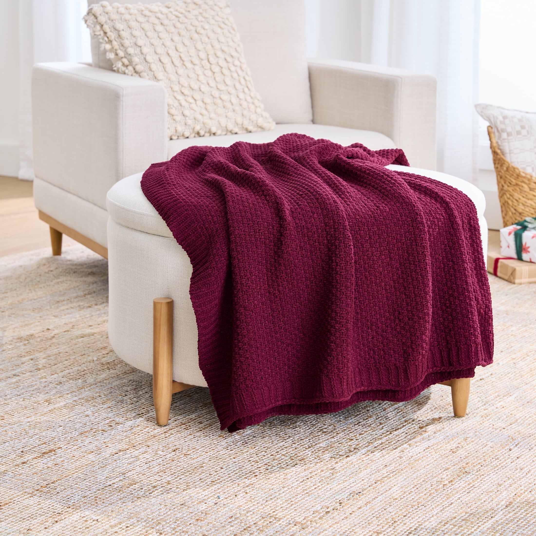 Decorative Knitted Chenille Knit Super Soft Oversized Throw Blanket, Merlot Wine - Cozy Fleece Throw Blanket for Couch & Bed - Default Title