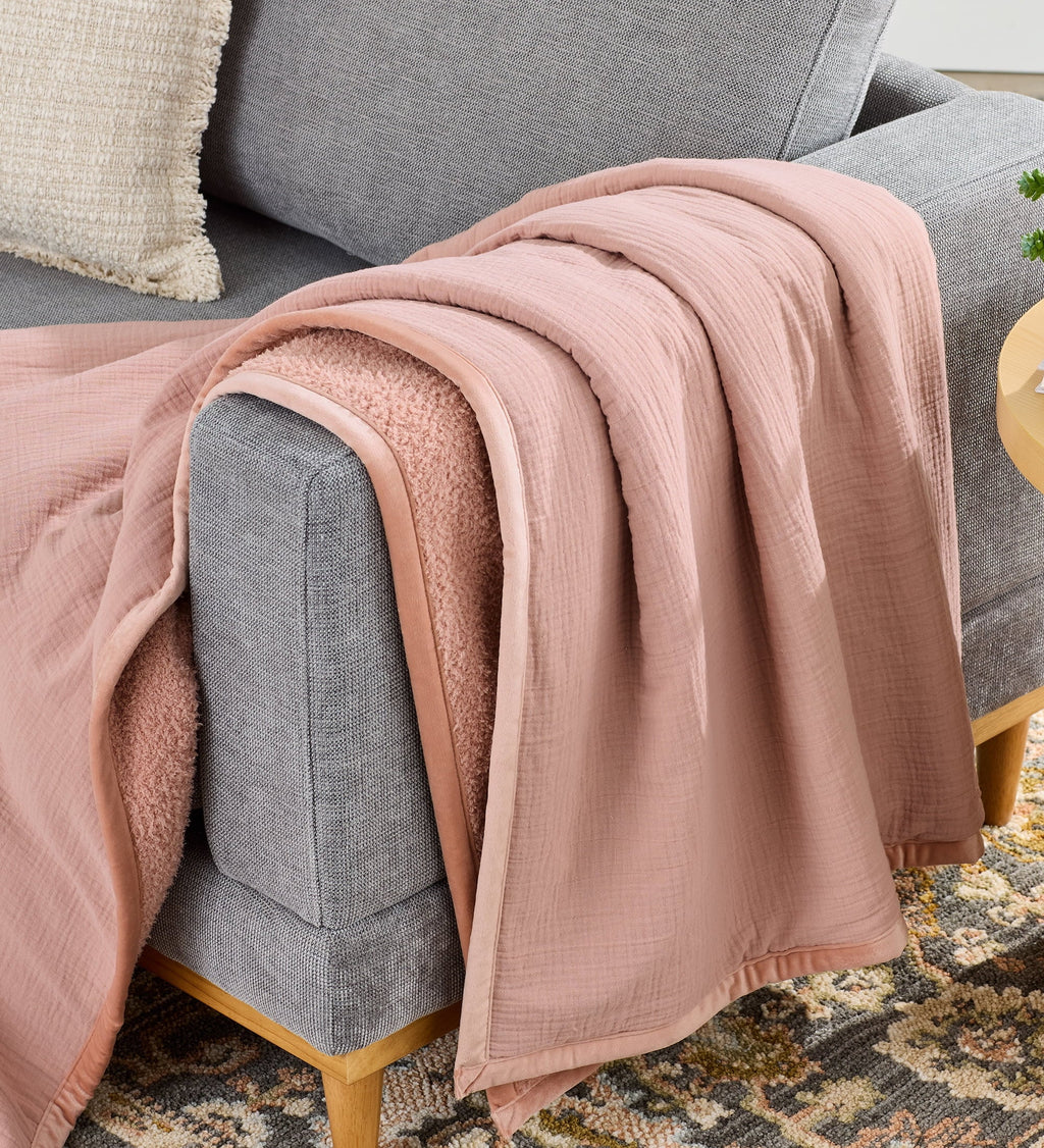 Reversible Sherpa Gauze Reverse to Cozy Knit Super Soft Throw Blanket, Oversized, Antique Blush - Super Soft Reversible Sherpa Flannel Blanket - Default Title