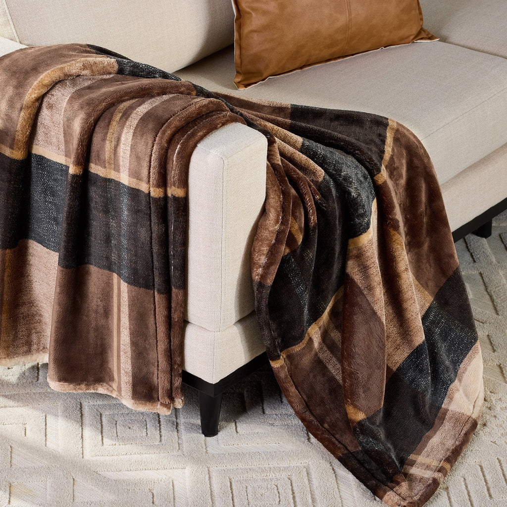 Super Soft Flannel Printed Velvet Plush Super Soft Throw Blanket, Oversized, Shelton Brown Plaid - Lightweight Plush Warm Blanket for All Seasons - Default Title