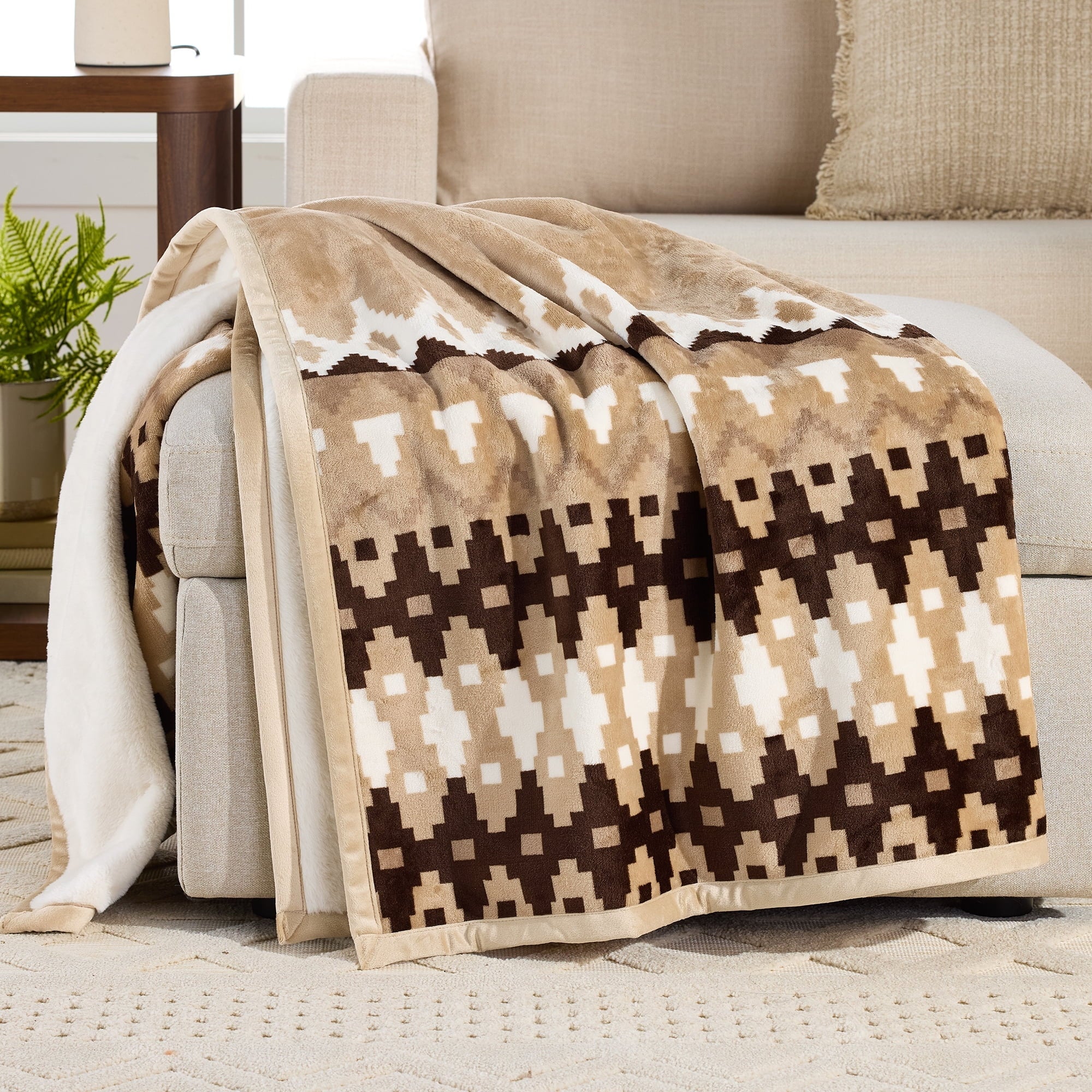Lightweight Warm Printed Velvet Plush Reverse to Faux Fur Super Soft Throw Blanket, Oversized, Linder Border Beige - Cozy Fleece Throw Blanket for Couch & Bed - Default Title