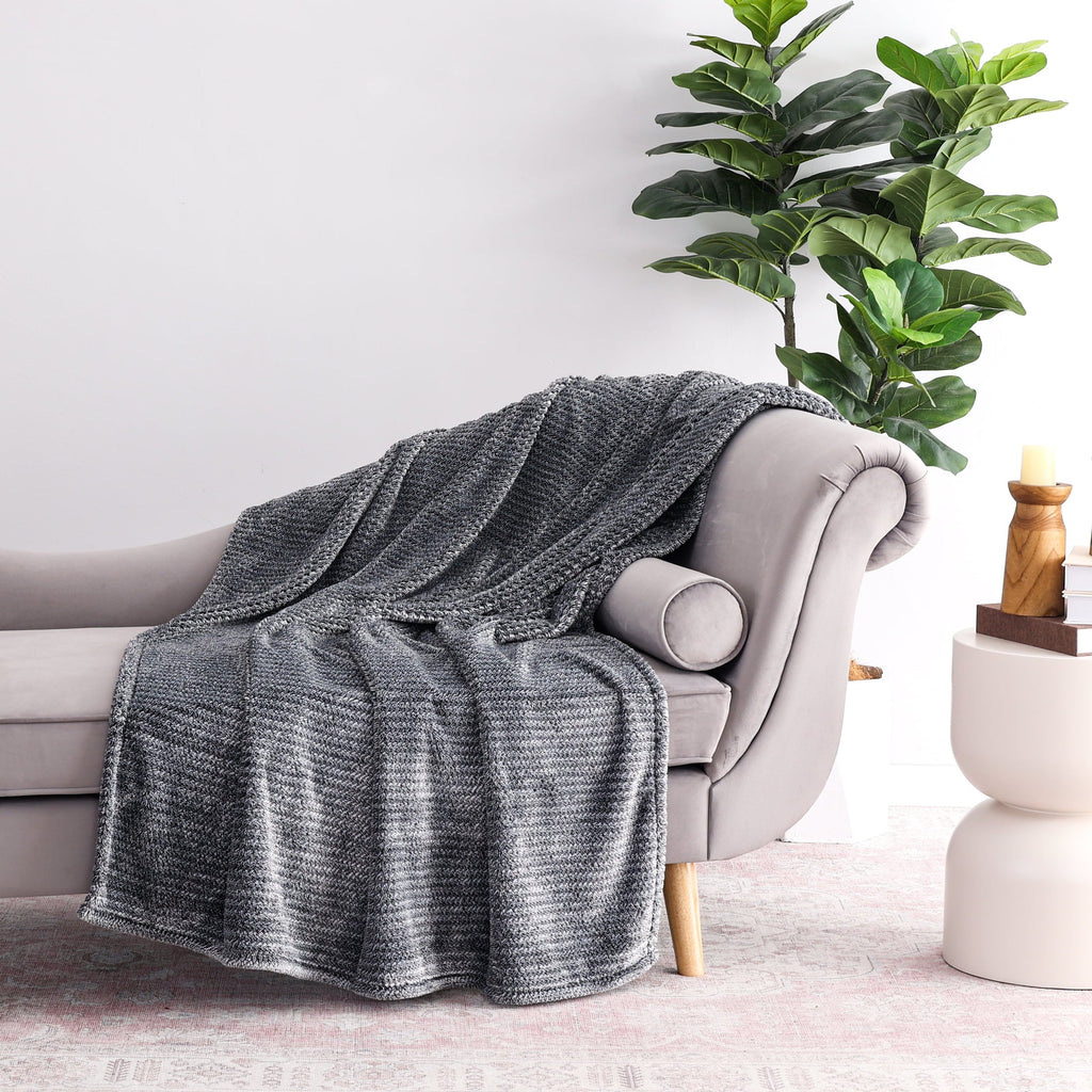 Lightweight Warm Plush Textured Heathered Soft Oversized Throw Blanket, Gray - Luxury Knitted Decorative Throw Blanket with Fringes - Default Title