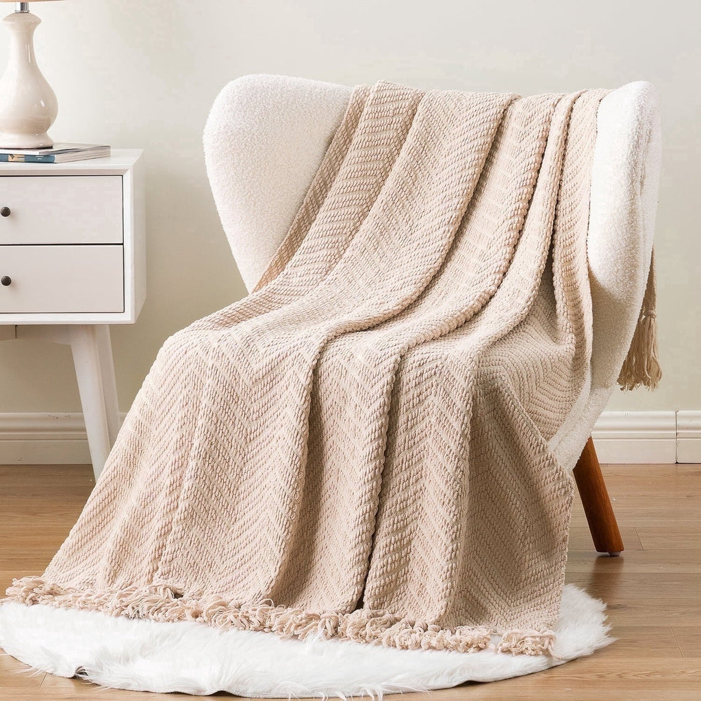 Lightweight Warm Beige Throw Blanket,Textured Knitted Tan Throws with Tassels,Neutral Sofa Bed Throws,50"x60" - Luxury Knitted Decorative Throw Blanket with Fringes - Default Title