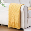 Reversible Sherpa Mustard Throw Blanket for Couch,Gold Yellow Knit Throw with Fringe,Outdoor Throw ,50"x60" - Luxury Knitted Decorative Throw Blanket with Fringes - Default Title