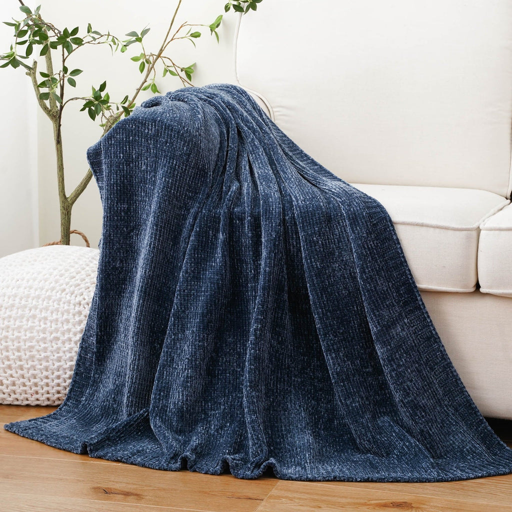 Lightweight Warm Navy Blue Chenille Throw for Couch Bed,Soft Navy Knit Blanket, Housewarming Gifts, 51"x 67" - Super Soft Reversible Sherpa Flannel Blanket - Default Title