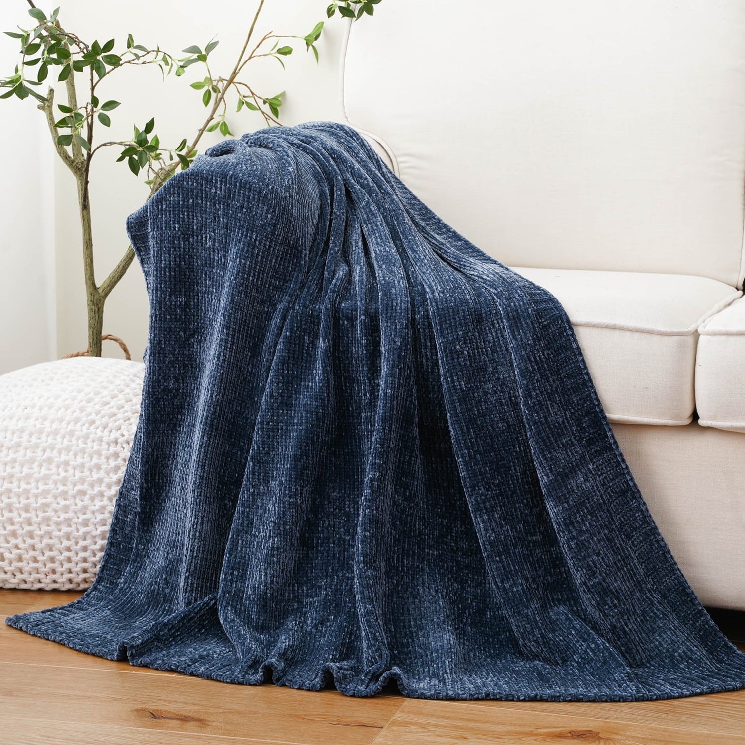 Lightweight Warm Navy Blue Chenille Throw for Couch Bed,Soft Navy Knit Blanket, Housewarming Gifts, 51"x 67" - Super Soft Reversible Sherpa Flannel Blanket - Default Title