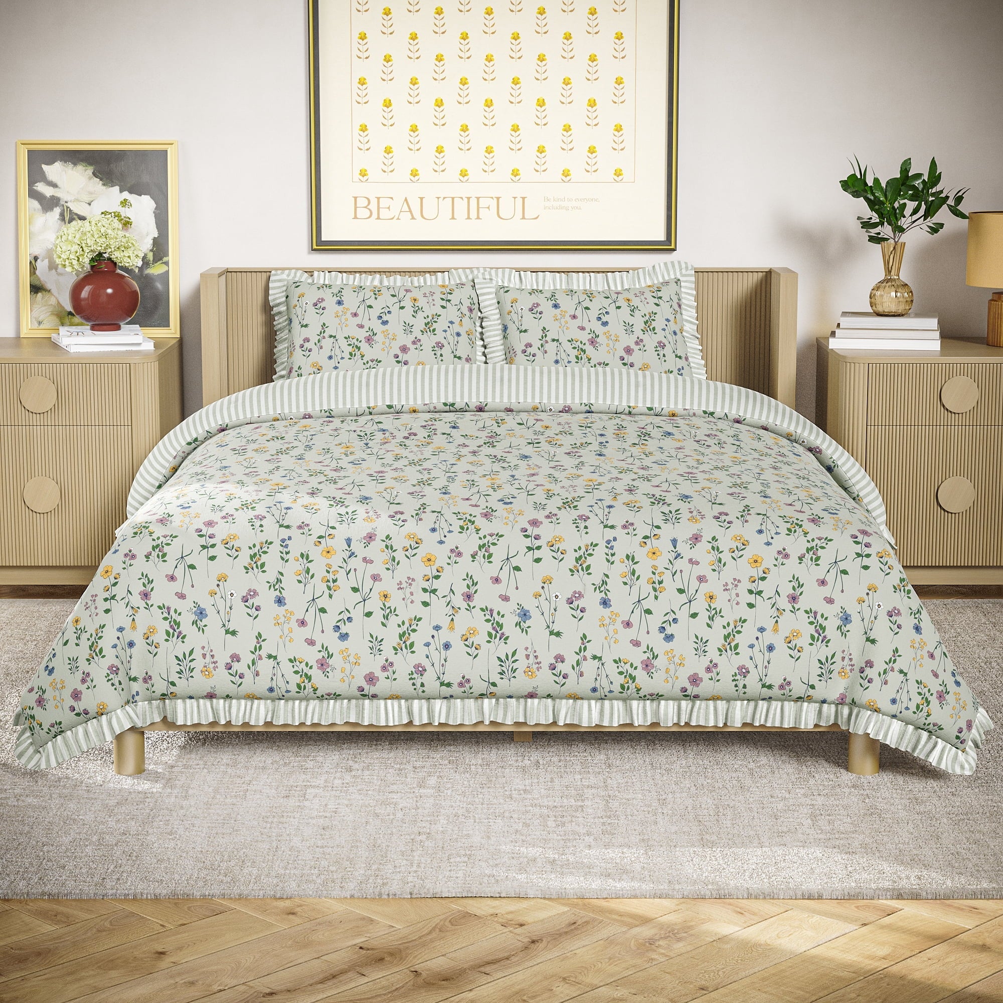 Heavyweight Warmth 100% Cotton Botanical 3-Piece Sage Green Comforter Set, Full/Queen - Cloud-Like Soft Lightweight Bed Comforter - Default Title