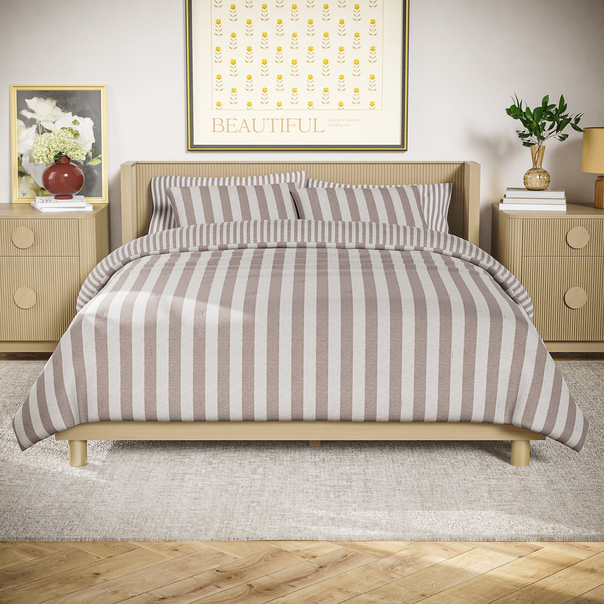 Luxurious Quilted 100% Cotton Striped 3-Piece Natural Comforter Set, Full/Queen - Cloud-Like Soft Lightweight Bed Comforter - Default Title