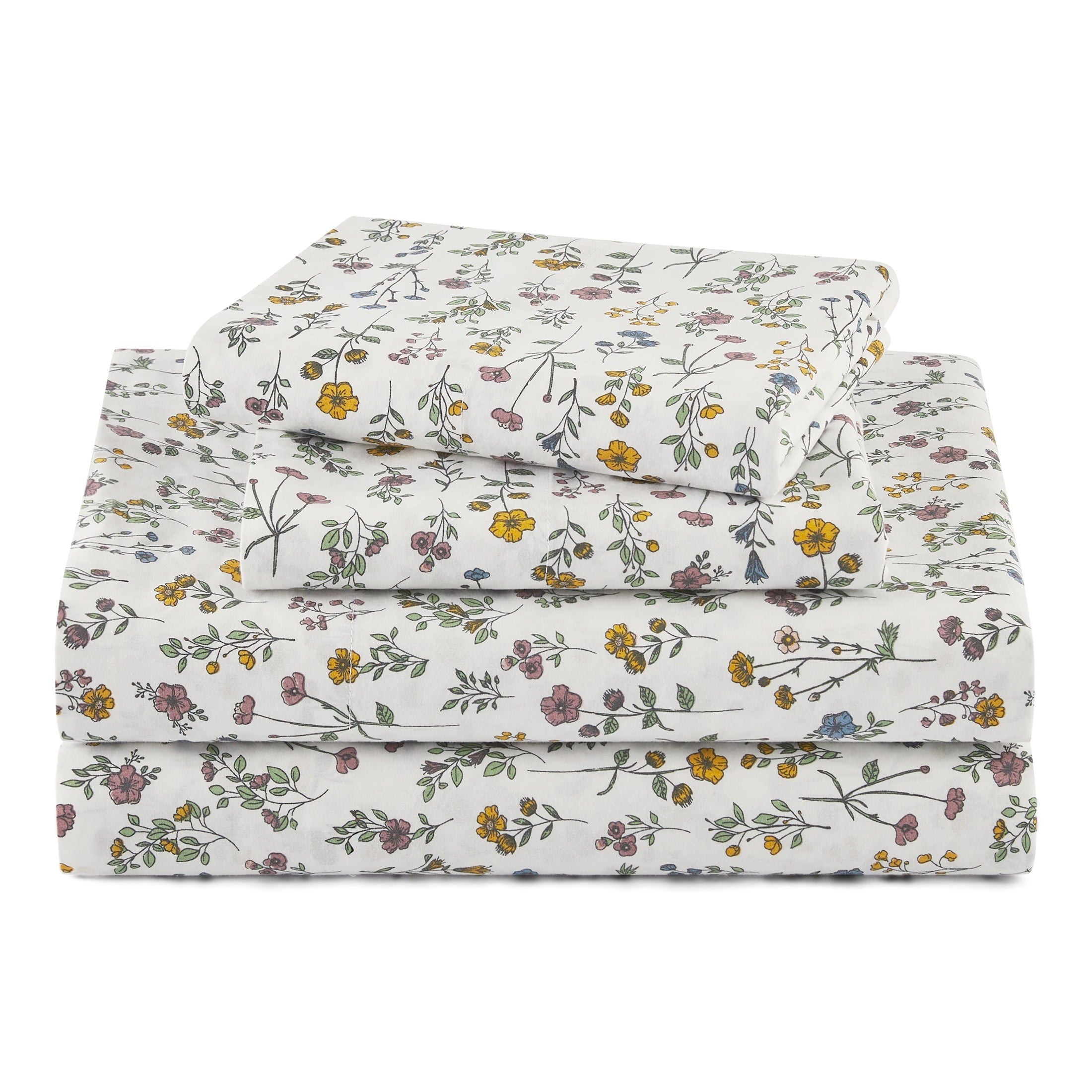 Ultra-Soft Botanical 4-Piece 100% Cotton Washed Percale White Sheet Set, Queen - Luxury Bed Sheet Set with Deep Pockets - Default Title