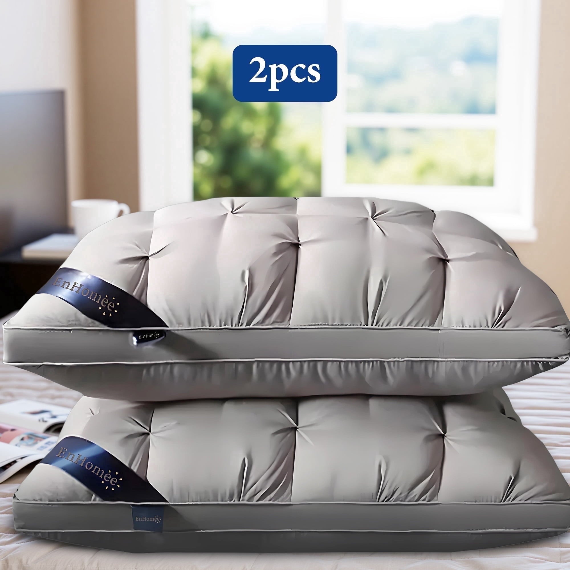 Fluffy Shredded 2-Pack Luxurious Hotel-Quality ,Resistant to Flattening, All-Season,Gray - Ergonomic Memory Foam Pillow for Neck Pain Support - Default Title