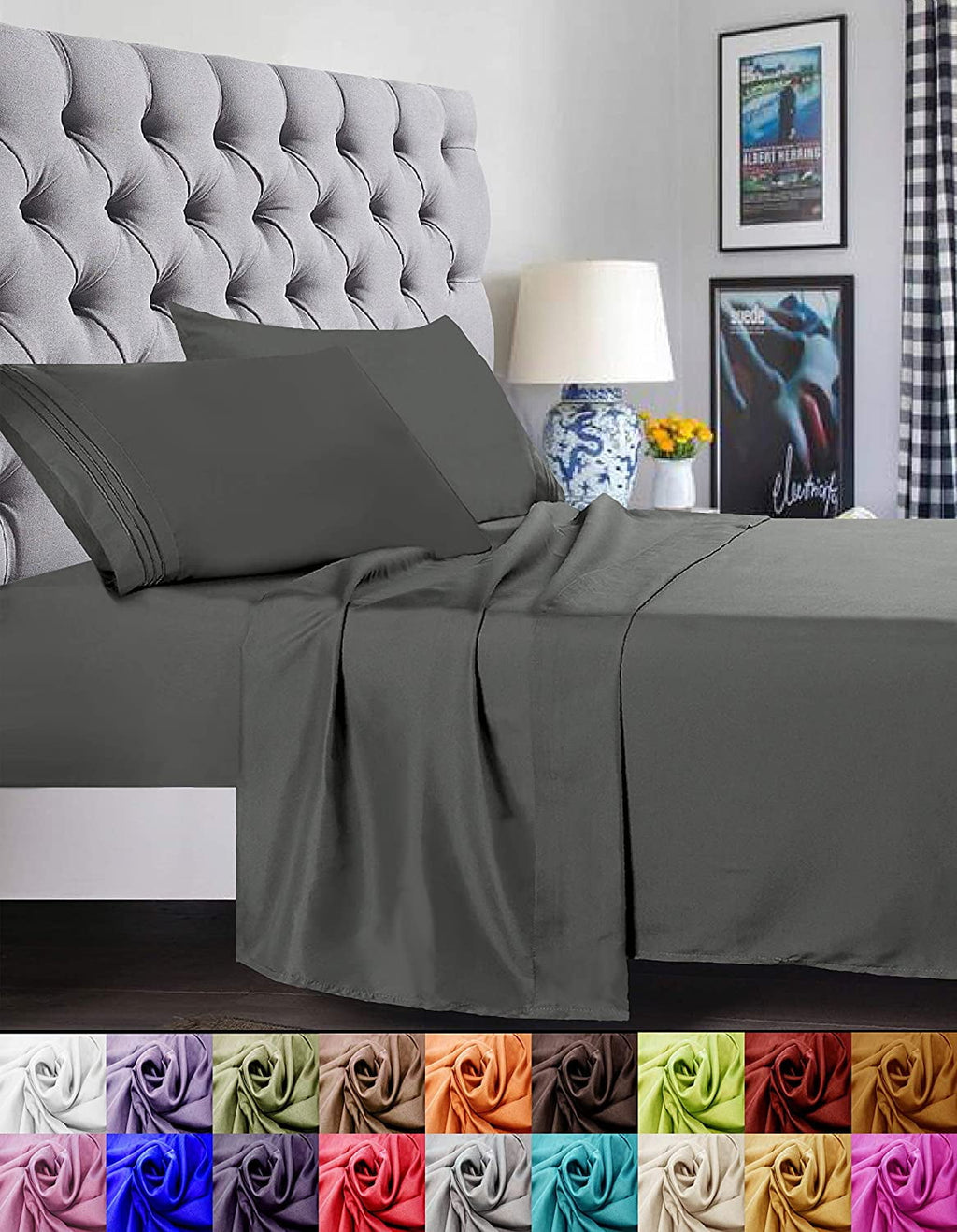 Wrinkle-Resistant 4 Pieces Bed Sheet set Flat,Fitted,Pillowcase , Queen Grey - Premium Ultra-Soft Pillowcase Pair for Sleeping - Default Title