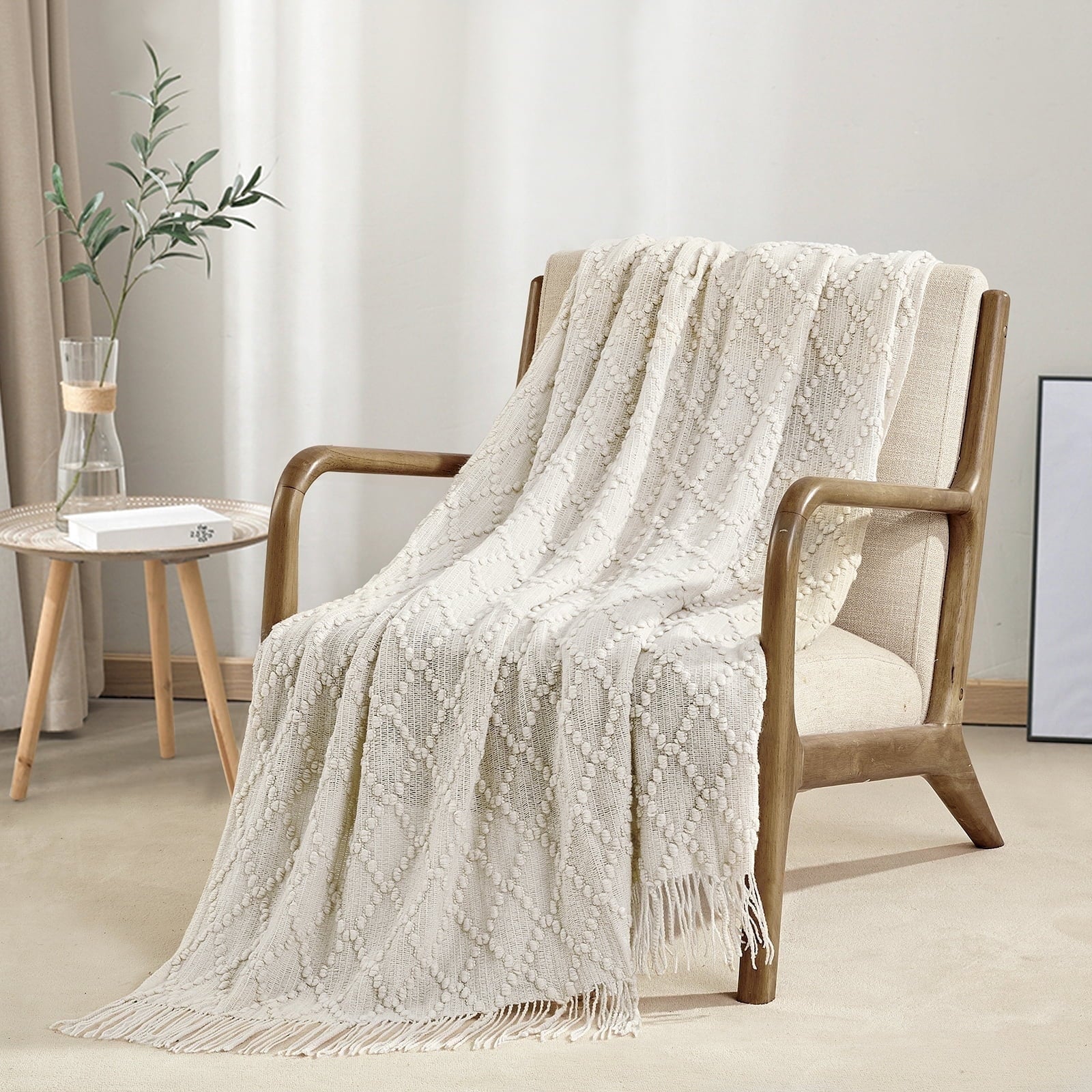 Decorative Knitted Texture Pure Color Soft Throw Blanket and Sofa Or Bed Knitted Decorative Blanket 50 x70 inches Jacquard Diamond Beige... - Super Soft Reversible Sherpa Flannel Blanket - Default Title
