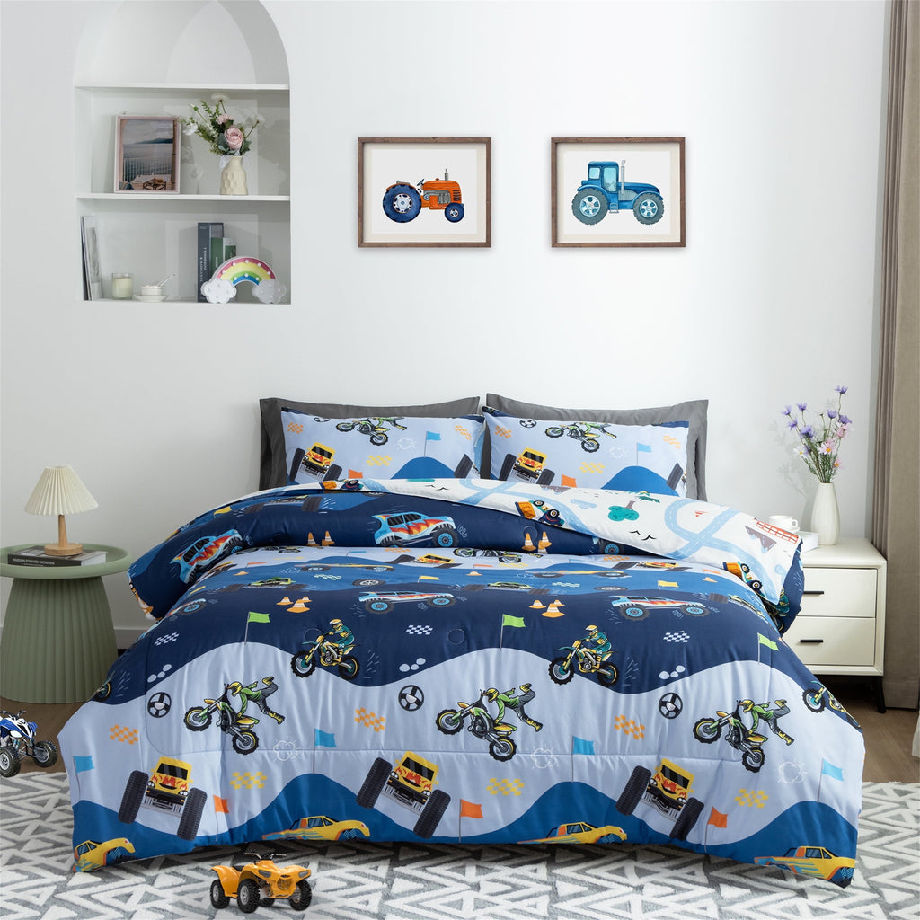 Luxurious Quilted 3Pcs Reversible Construction Truck Twin Comforter Set for Boys Kids Excavator Vehicle Motorcycle Bedding Set Blue - Hypoallergenic Ultra-Fluffy Quilt for Winter - Default Title