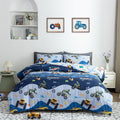 Luxurious Quilted 3Pcs Reversible Construction Truck Twin Comforter Set for Boys Kids Excavator Vehicle Motorcycle Bedding Set Blue - Hypoallergenic Ultra-Fluffy Quilt for Winter - Default Title