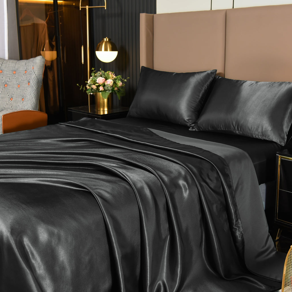 Premium Egyptian Cotton 4Pcs Black Satin Sheets Queen Set Silk Sheets 13" Deep Pocket Ultra Soft silky Bed Sheet Set - Premium Ultra-Soft Pillowcase Pair for Sleeping - Default Title