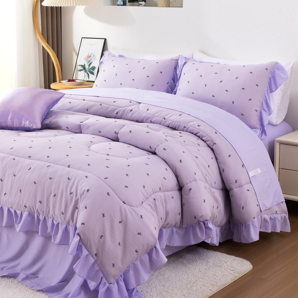 Fluffy Down Alternative 6 Piece Delicate Bows Purple Bedding Set Ruffle Princess Style Comforter Set Bed in a Bag - Luxurious Quilted Duvet Cover Set - Default Title