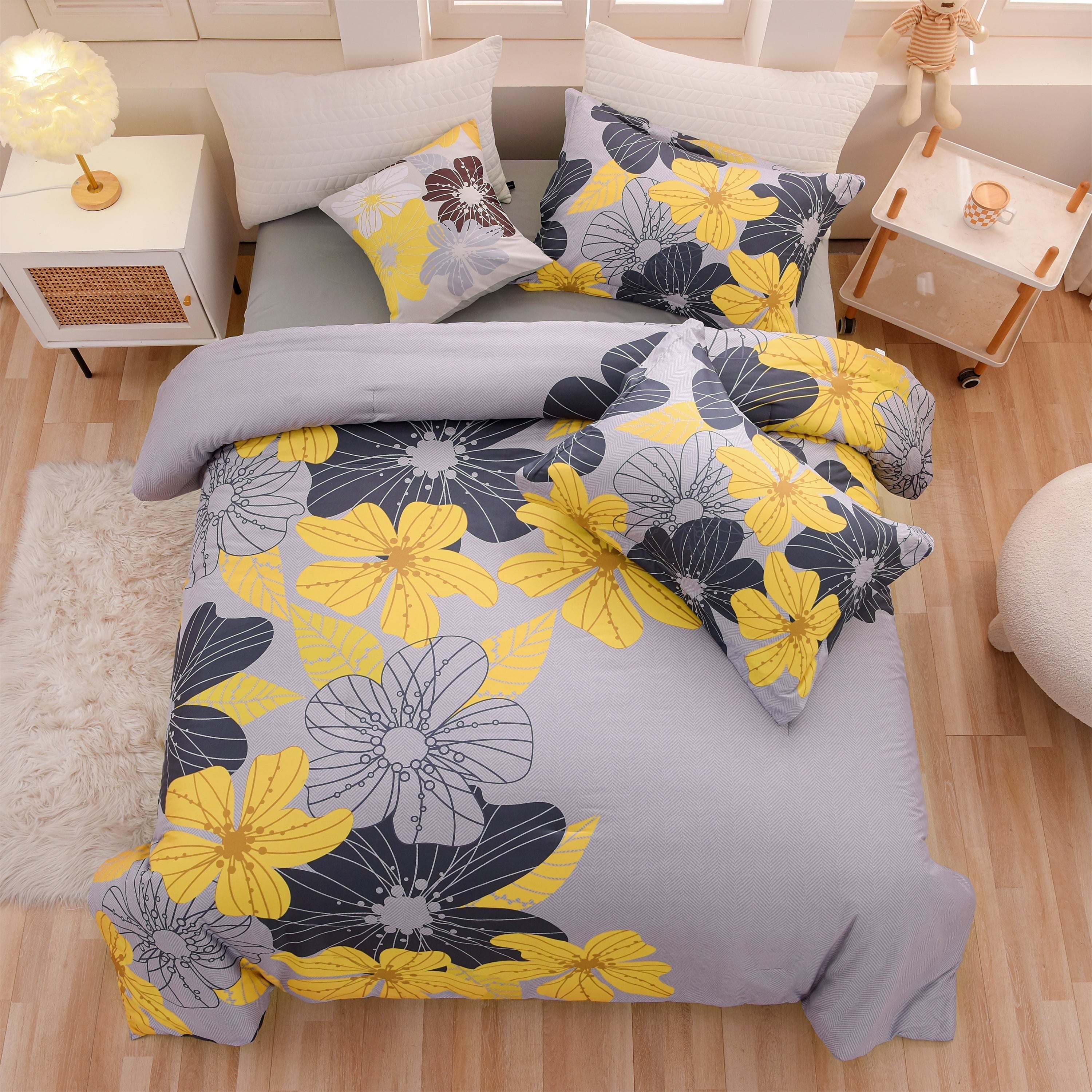 All-Season Yellow Floral Comforter Set Queen Flower Bed Set Adult Soft Botanical Boho Bedding Set - Luxurious Quilted Duvet Cover Set - Default Title