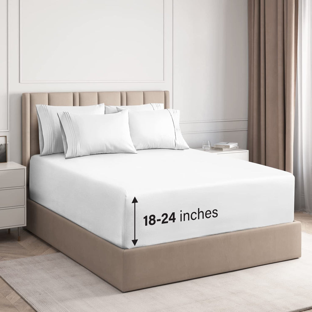 Premium Egyptian Cotton 6-Piece Extra Deep Pocket Sheet Set With Extra Matching Pillowcases - King Size Bed Sheets Fits 18"-24" Ma... - Cooling Hotel Quality Bedding Sheets and Pillowcases - Default Title