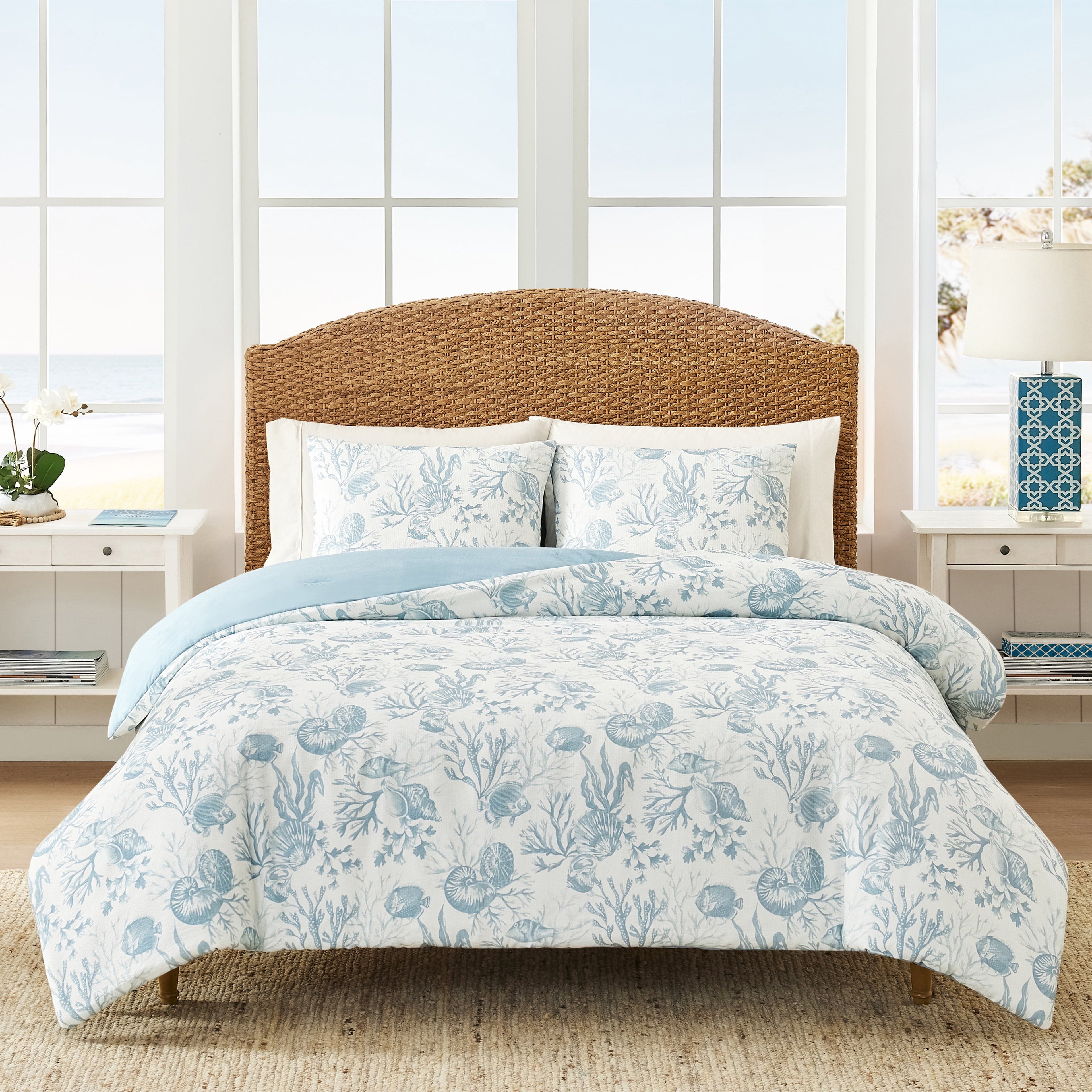 All-Season 3-Piece Lightweight 100% Cotton Blue & White Ocean Print Comforter Set, Full/Queen - All-Season Down Alternative Comforter Insert - Default Title