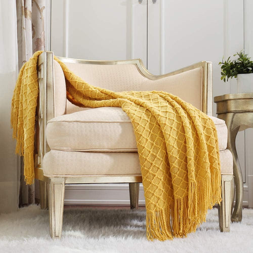 Decorative Knitted Decorative Soft Spring Summer Fall Throw Blanket ,for Couch Sofa Chair Bed,50''X60'',Mustard Yellow - Super Soft Reversible Sherpa Flannel Blanket - Default Title