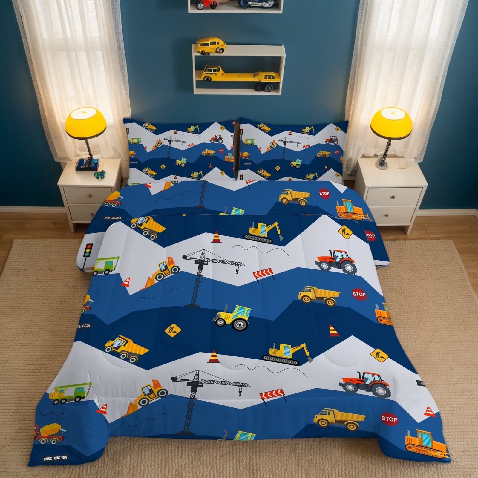Fluffy Down Alternative Car Comforter Set Construction Bedding Set for Boys Kids Trucks Comforter Cartoon Car Excavator Tractor Blue 3Pcs Twin - Cloud-Like Soft Lightweight Bed Comforter - Default Title
