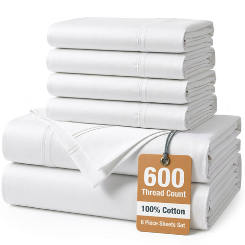 Breathable Luxury Bed Sheets Set – 6 Piece, 600 Thread Count, 100% Cotton Sheets, Hotel Luxury Sateen Finish, 15" Deep Pocket, Easy to ... - Premium Ultra-Soft Pillowcase Pair for Sleeping - Default Title