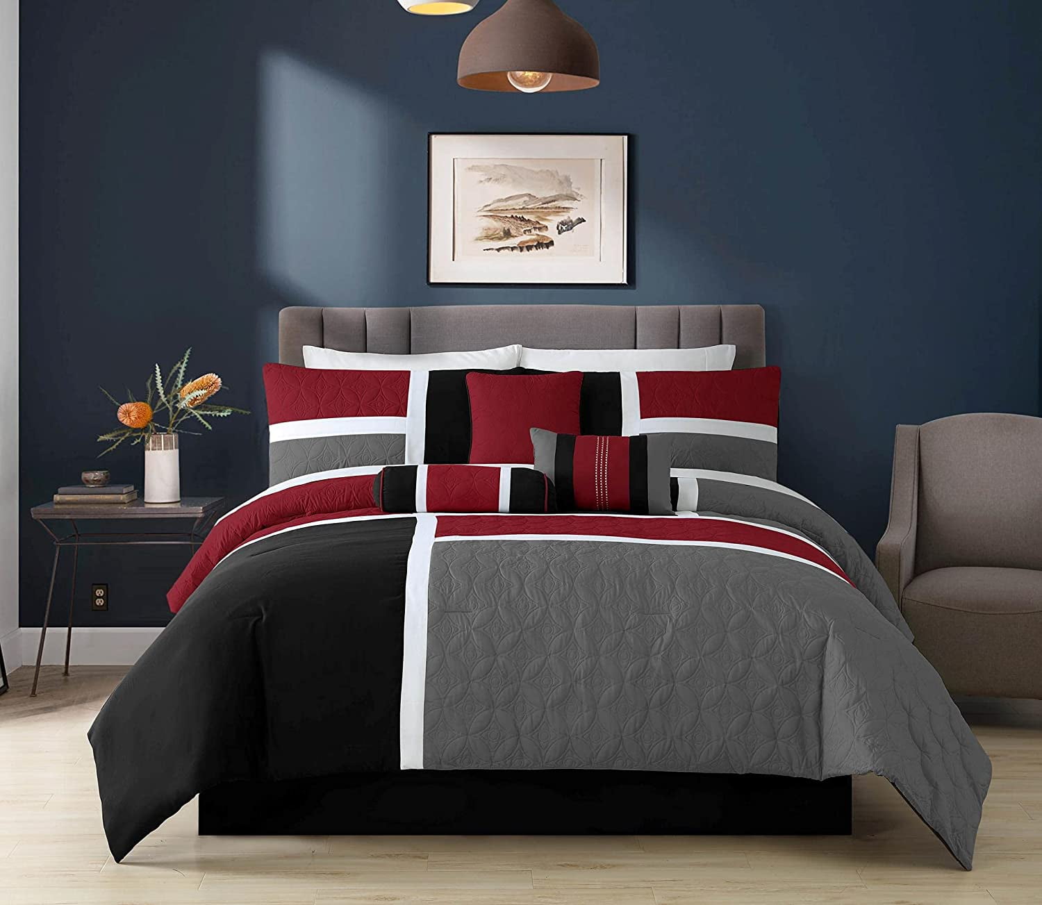Hypoallergenic Cloud 7-Piece Medallion Patchwork Comforter Set, Full, Red/Gray/Black - Luxurious Quilted Duvet Cover Set - Default Title