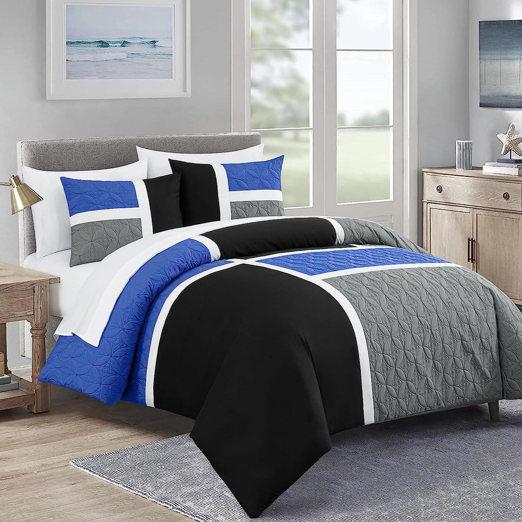 Luxurious Quilted Bernard 7-Piece Full Bed in a Bag Comforter Set with Sheets, Lightweight Comforter Blue Black Gray Patchwork Quilted ... - All-Season Down Alternative Comforter Insert - Default Title