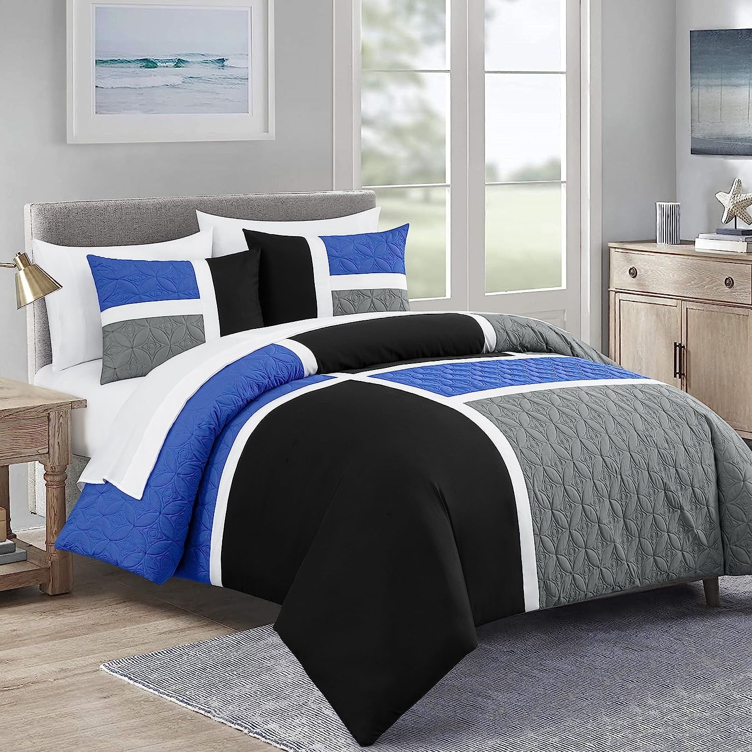 Luxurious Quilted Bernard 7-Piece Full Bed in a Bag Comforter Set with Sheets, Lightweight Comforter Blue Black Gray Patchwork Quilted ... - All-Season Down Alternative Comforter Insert - Default Title